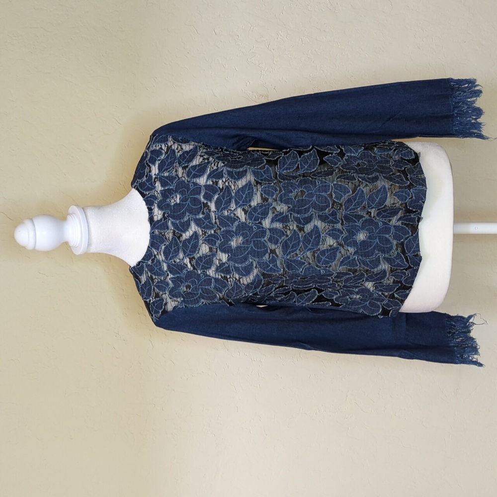 English Factory Embroidered Floral Lace Fringed Sleeve Denim Blouse Size XS